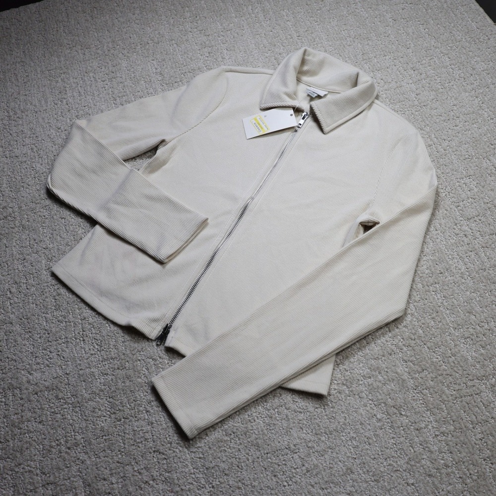 A New Day Womens Cream Ribbed Full Zip Jacket Pointed Collar Size Medium NWT